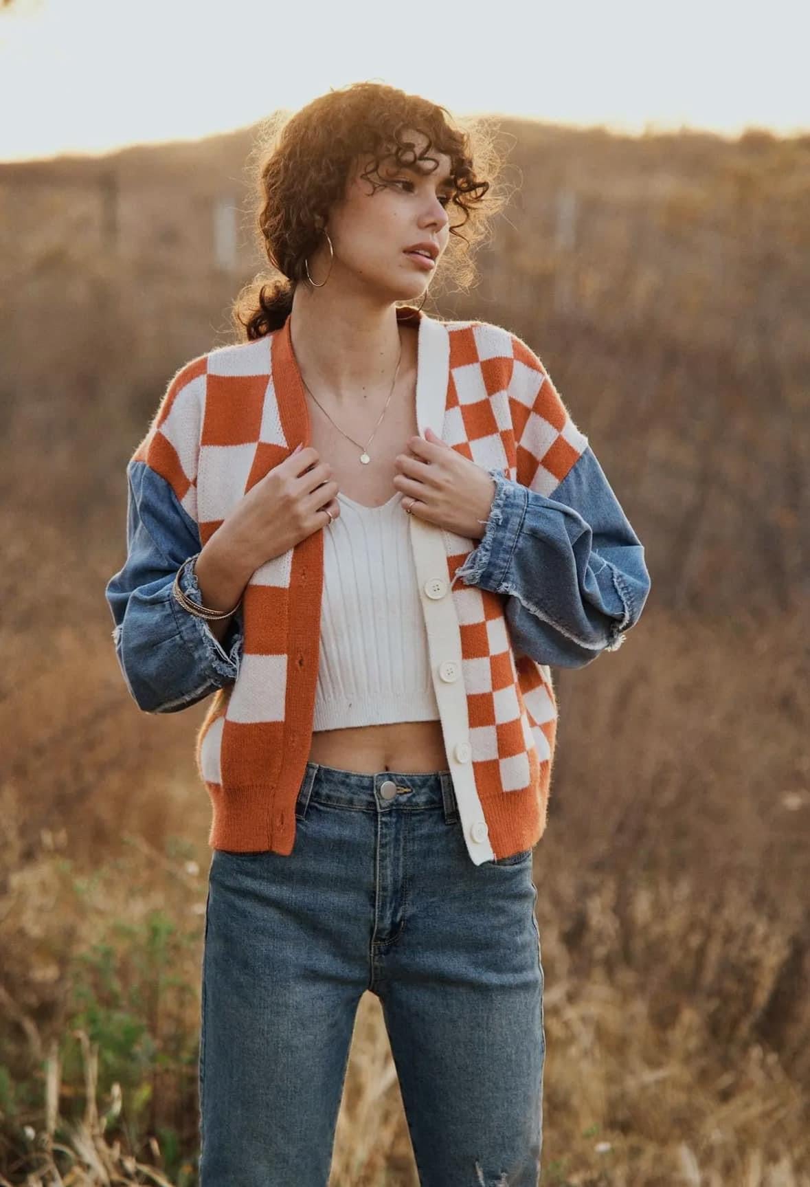 checkered denim sleeves cardigan